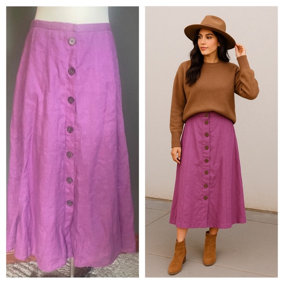 J. Jill 100% Linen Button Front Midi Skirt Small Petite Purple Lined - Picture 1 of 7